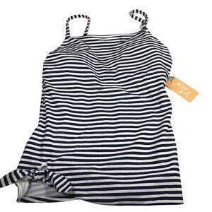 Kona Sol Womens Sz Medium 8-10 Tankini Swim Top Striped Navy White New With Tags